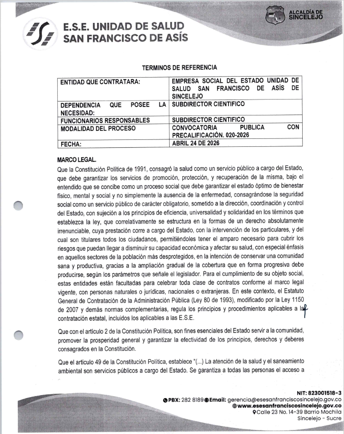 CONVOCATORIA PUBLICA CON PRECALIFICACION Nº 020 DE 2026